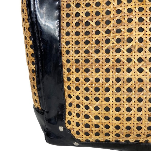 White House Black Market Straw Bag Wicker Black Patent Leather Handbag Tote - Picture 4 of 12